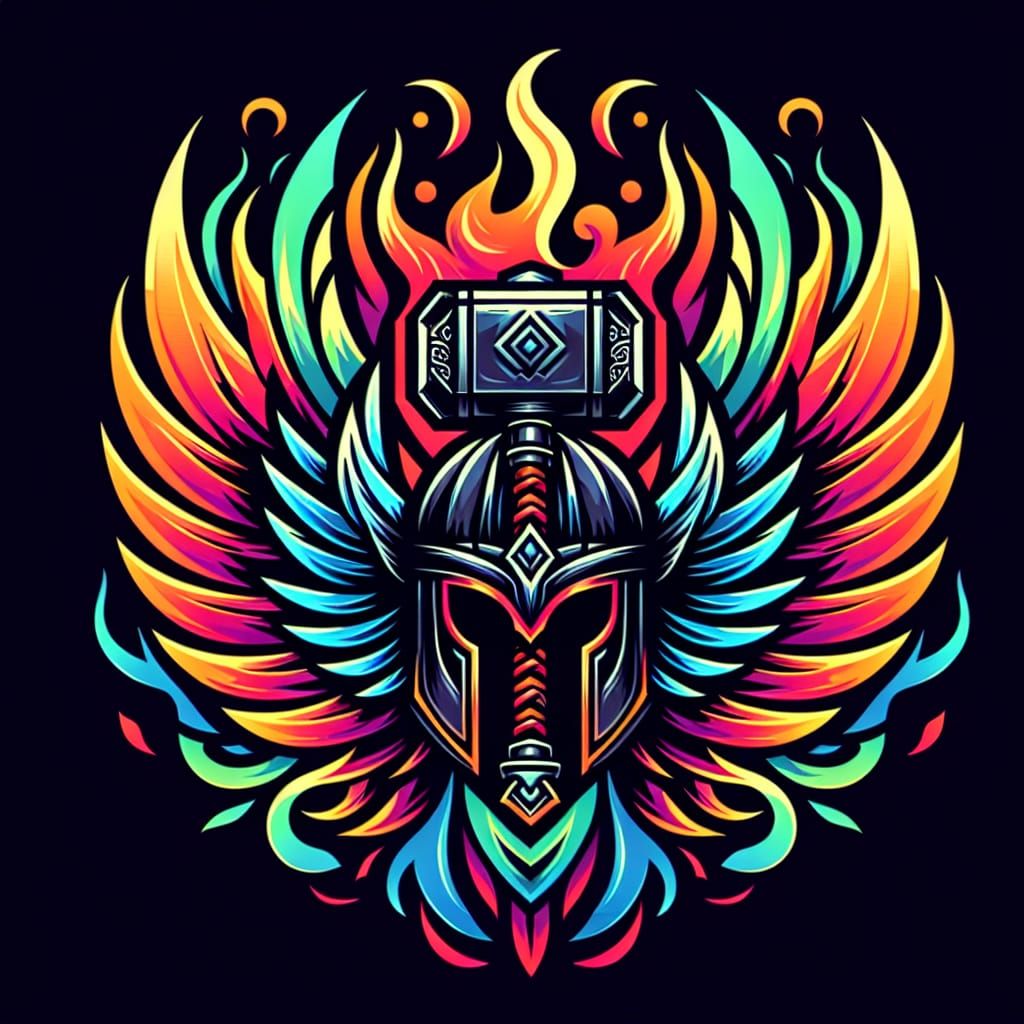 a unique design of thor's hammer, Valkyrie wings and odin's ...