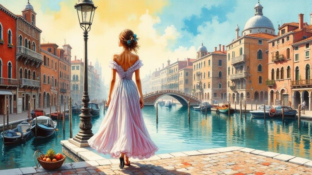 Venice Canals in Watercolor Style