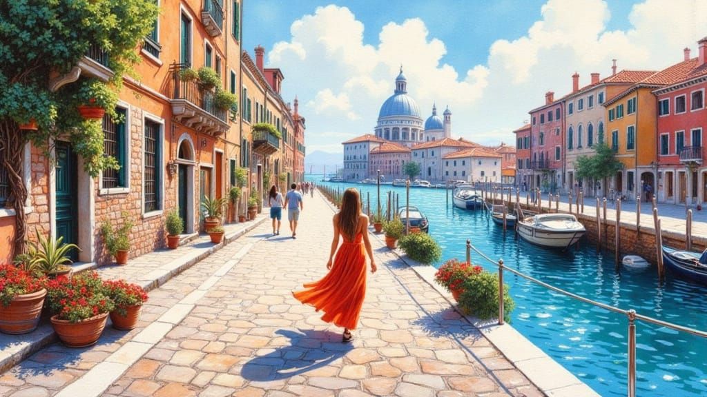 Venice Canals in Watercolor Style