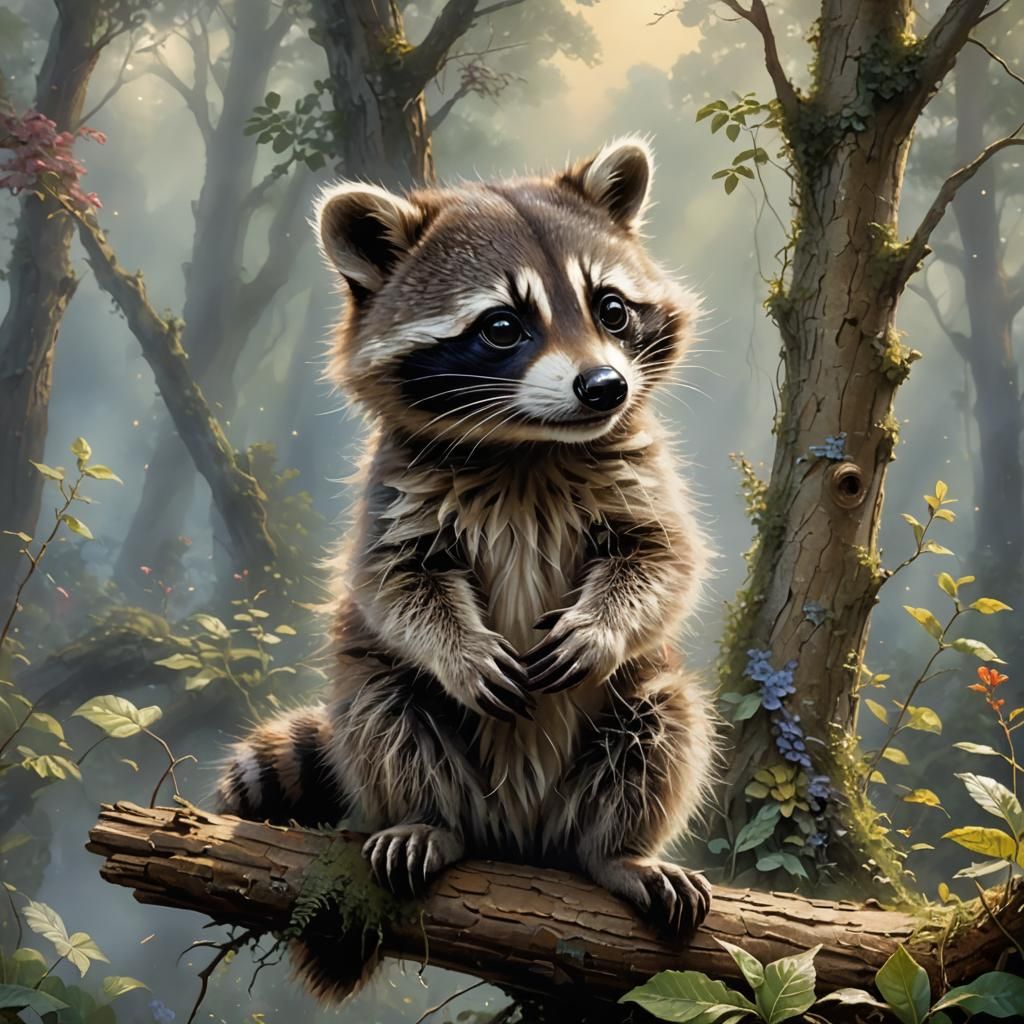 Ethereal Raccoon Baby in a Dreamlike Landscape