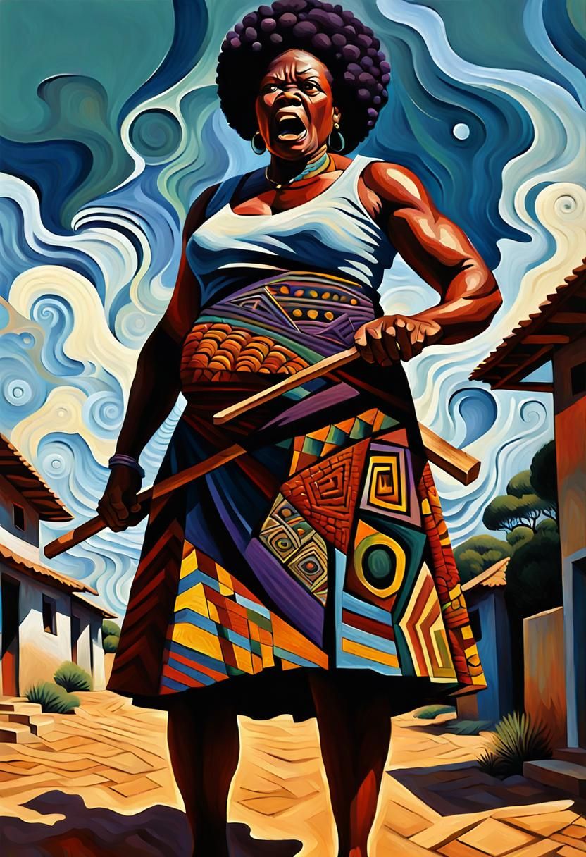 Angry African Mom in Post-Impressionist Oil Painting