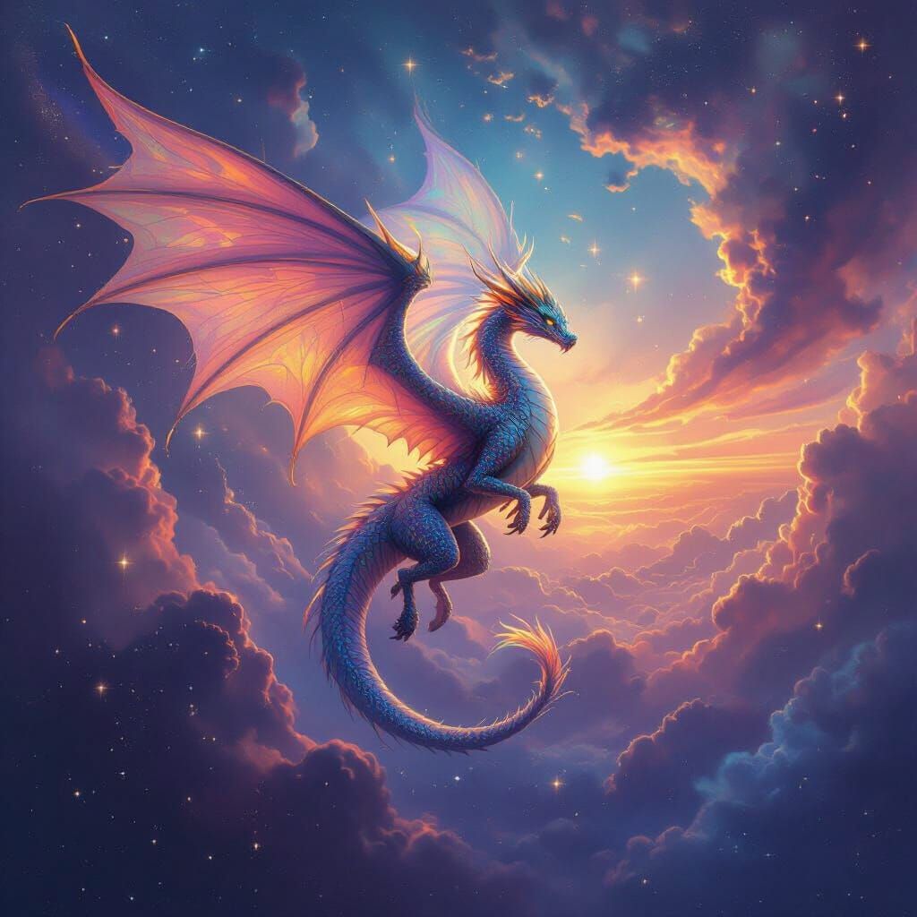 Dragon Soaring Through Nebula in Cosmic Surrealism