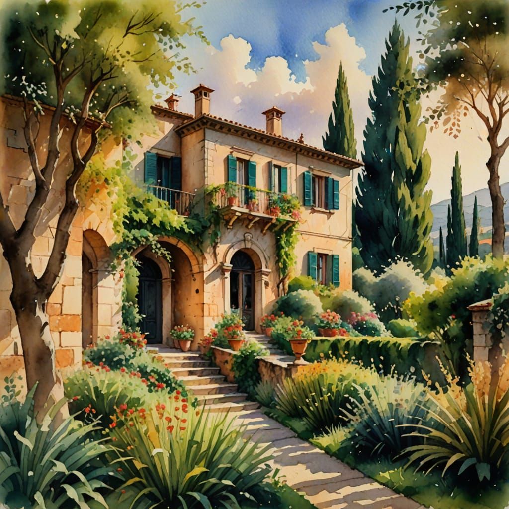 South Italian Villa in Watercolor Style
