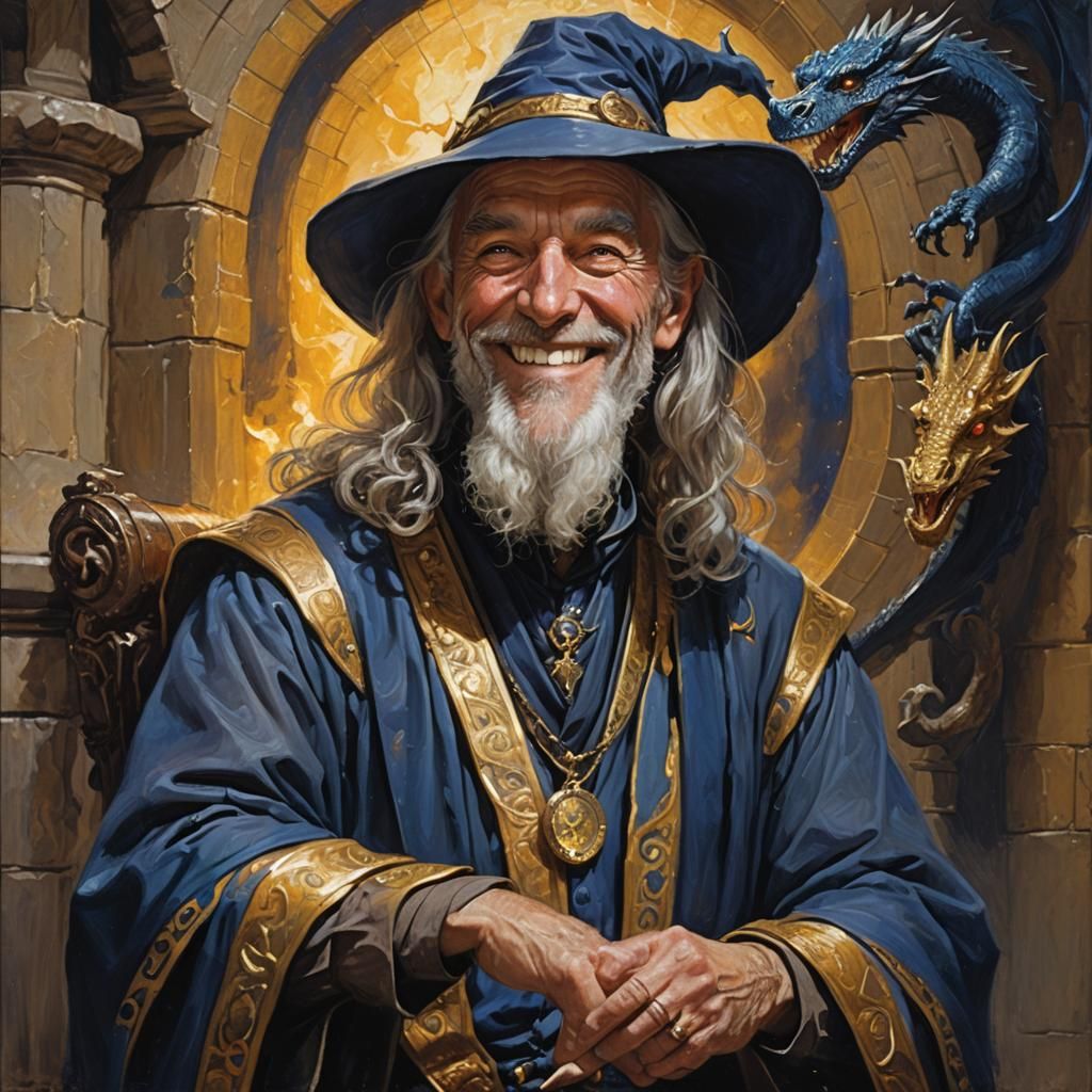 Smiling Wizard Portrait with Dragon, Oil Painting