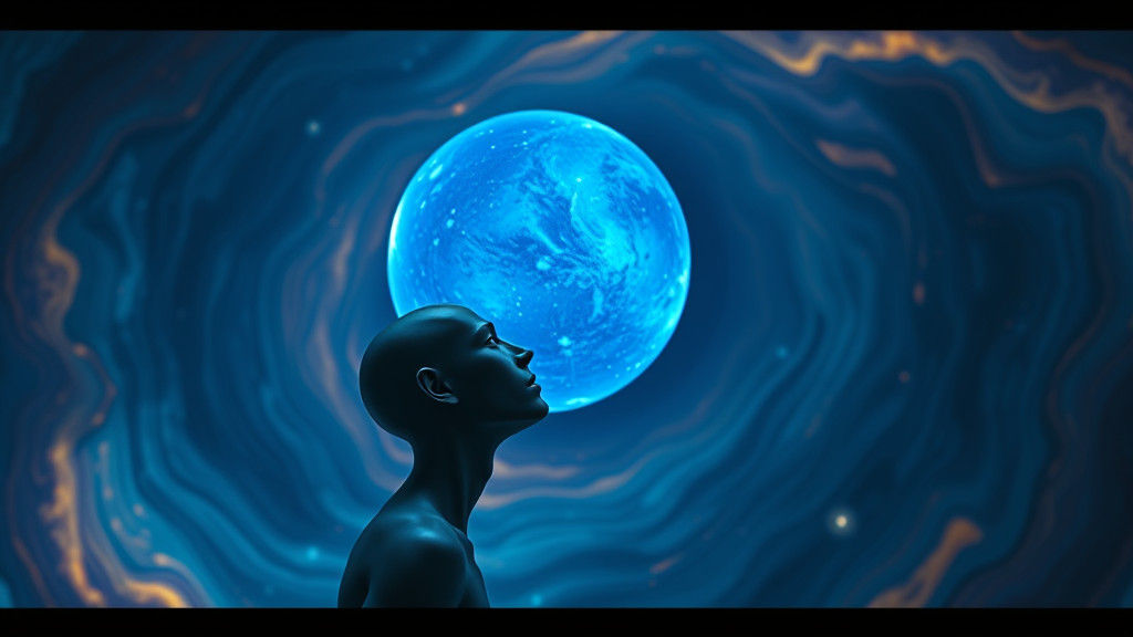 Futuristic Figure Contemplates Glowing Screen in Abstract Se...