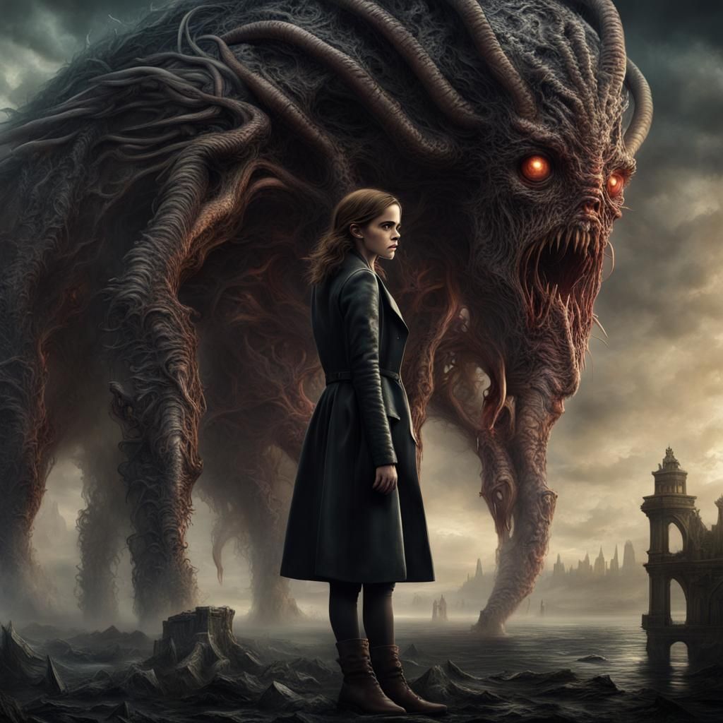 Leather Clad Woman Faces Lovecraftian Horror in Digital Art