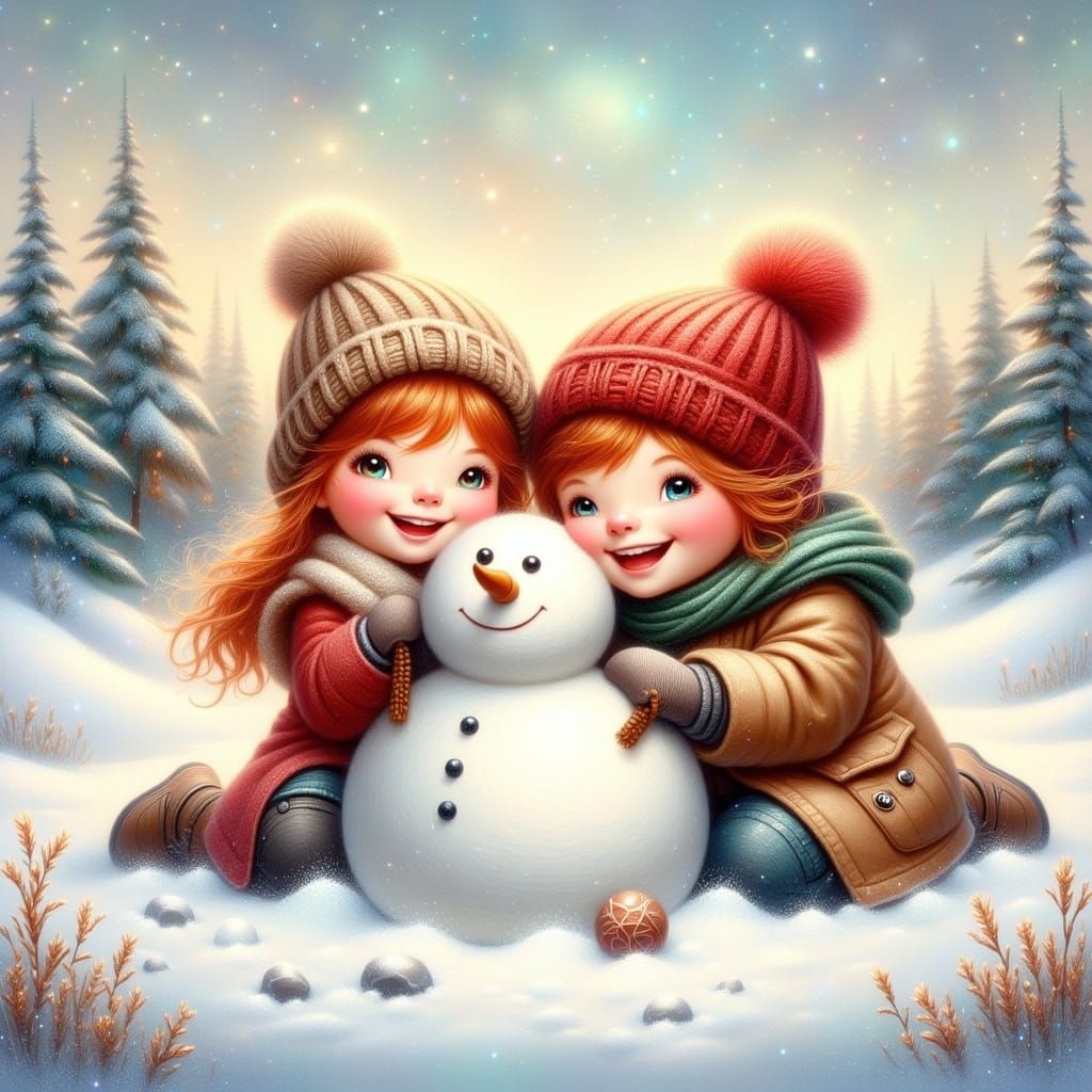 Whimsical Winter Scene of Siblings Playing in Snowy Wonderla...