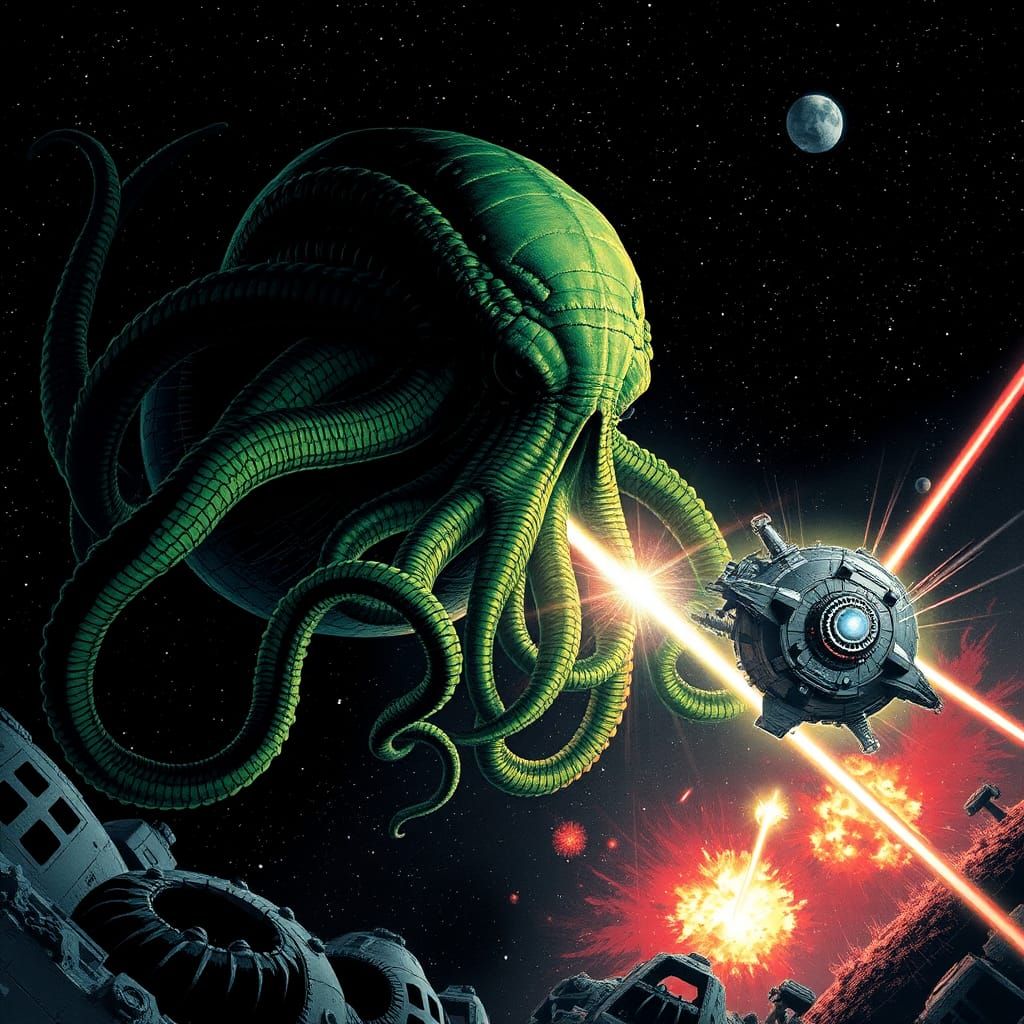 Cthulhu vs Death Star in Biomechanical Style