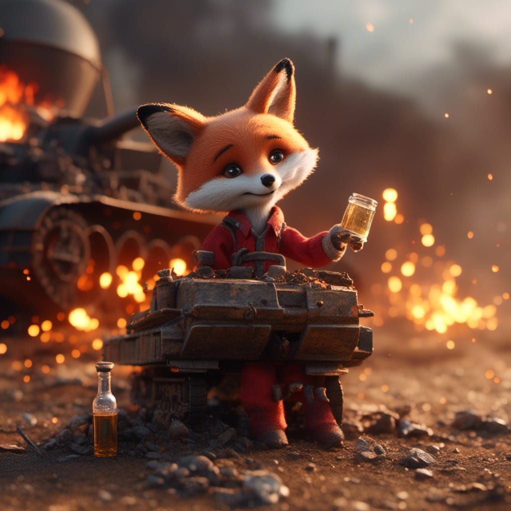 Fox Cub Farmer Attacks Tank in Detailed Matte Painting