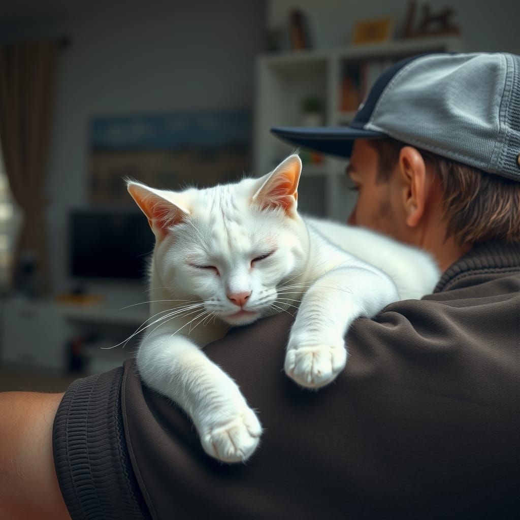 White Cat Napping on Man's Arm: Digital Painting