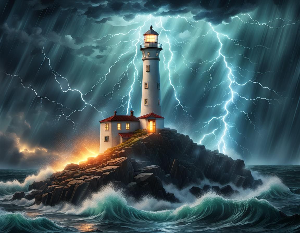 Illuminated Lighthouse in Stormy Astral Landscape