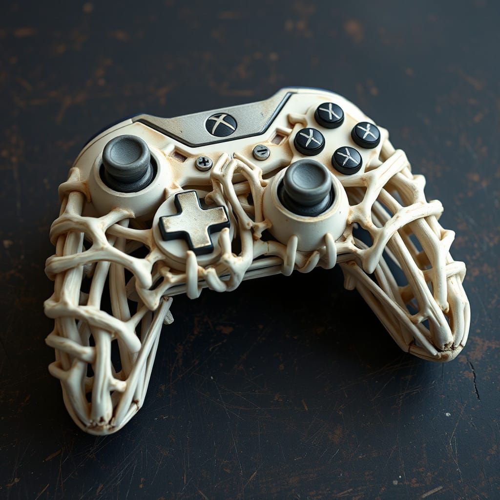 Eerie Bone Xbox Controller Sculpture Rests on Weathered Surf...