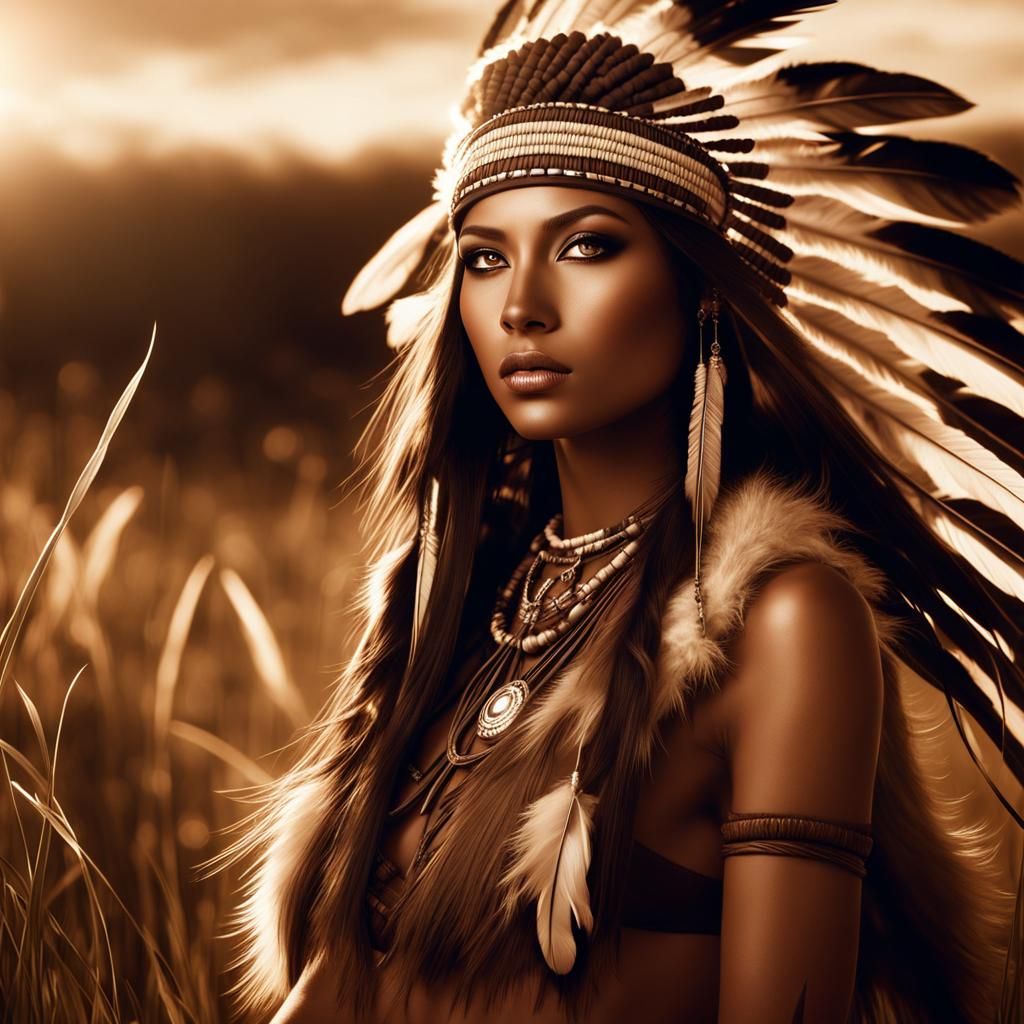 Chocolate Native American Woman Portrait with Feathers