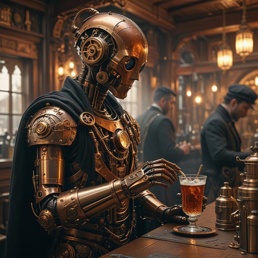 Steampunk Robot Sorcerer in Bustling Tavern