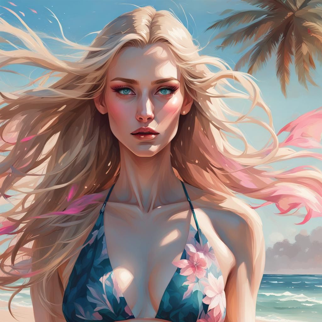 Blonde Girl Portrait on Sunny Beach, Digital Art