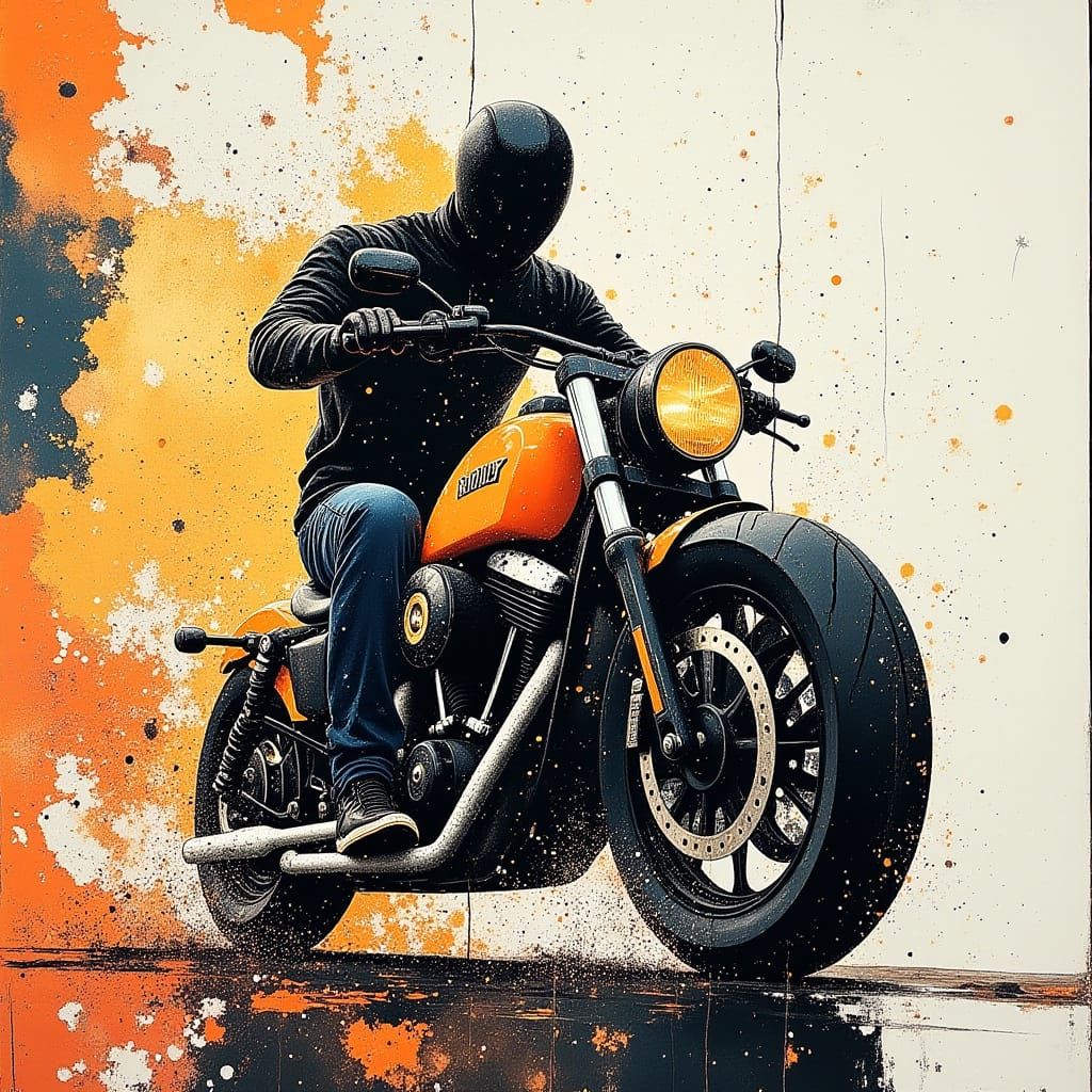 Athletic Man on Harley-Davidson in Graffiti Art Style