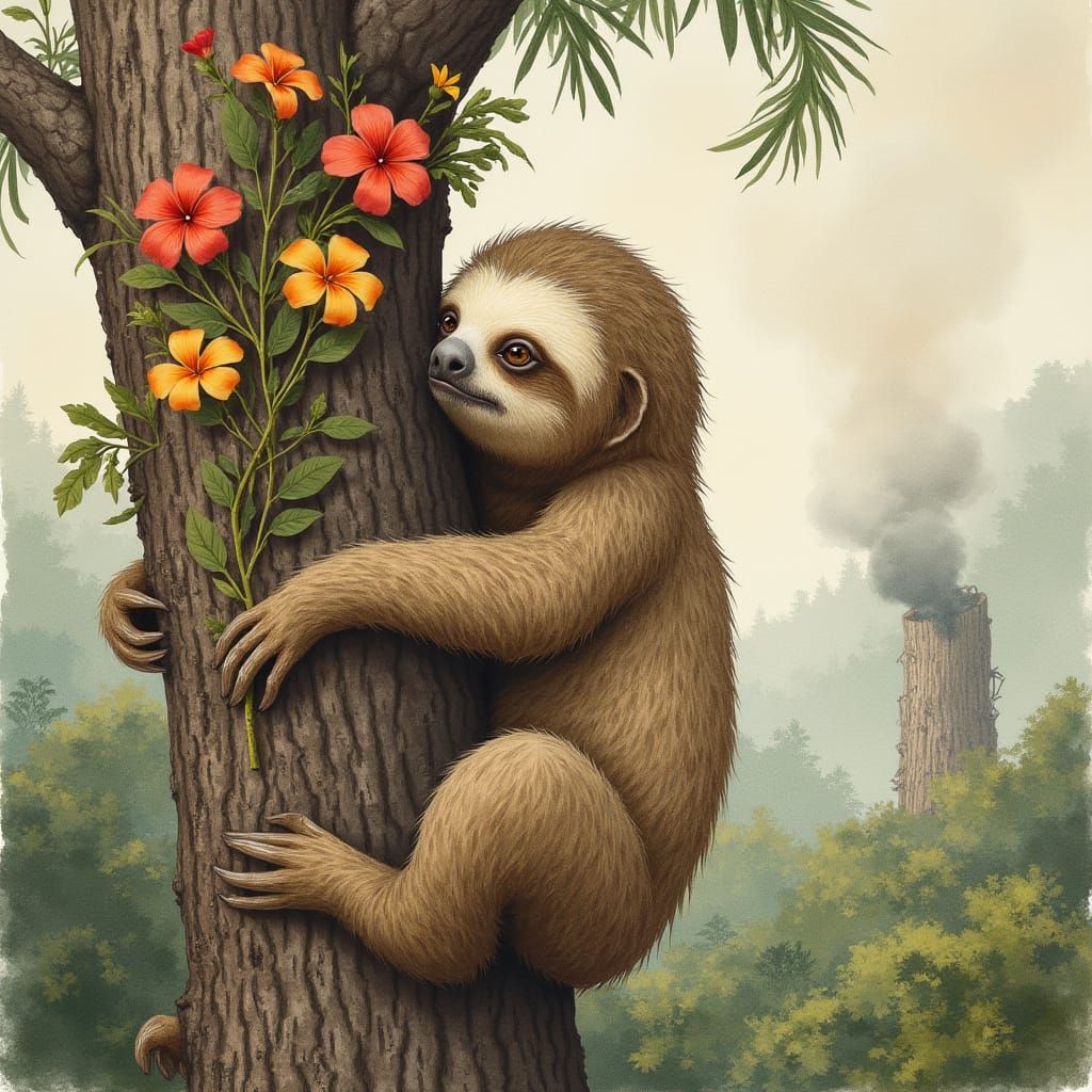 Sloth Embracing Charred Tree in Watercolor Style