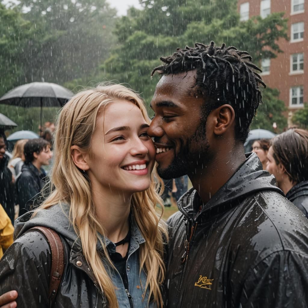 Young Couple's Rainy Day Romance: Cinematic Film Still