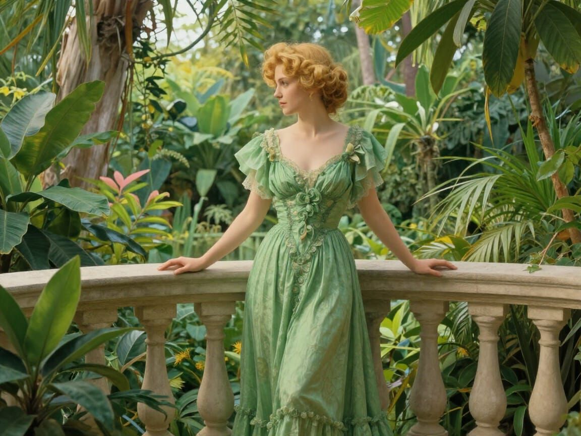 Art Nouveau Woman Overlooks Lush Botanical Garden
