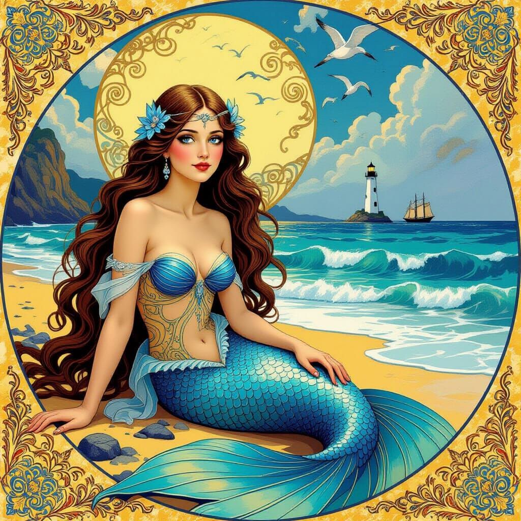 Angelical Mermaid on Celestial Beach in Art Nouveau Style
