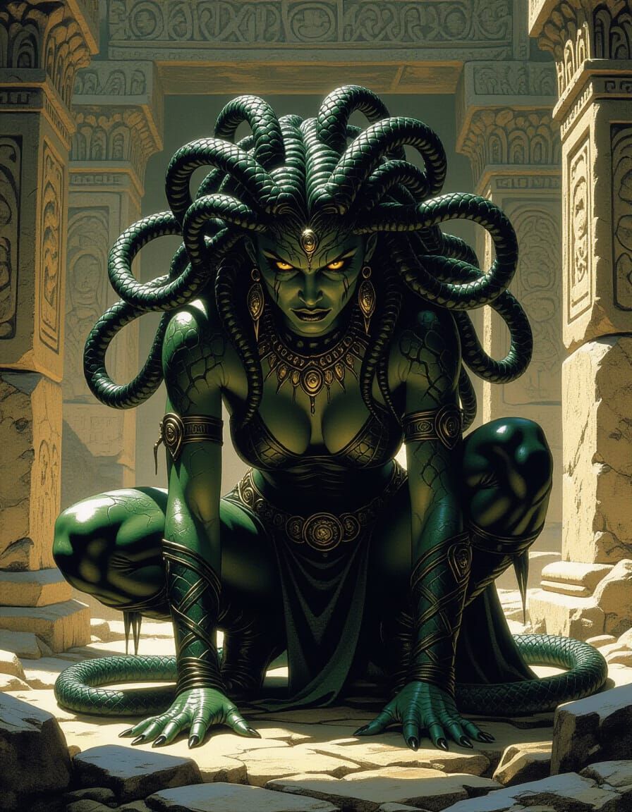 Fearsome Gorgon in Ancient Temple Ruins