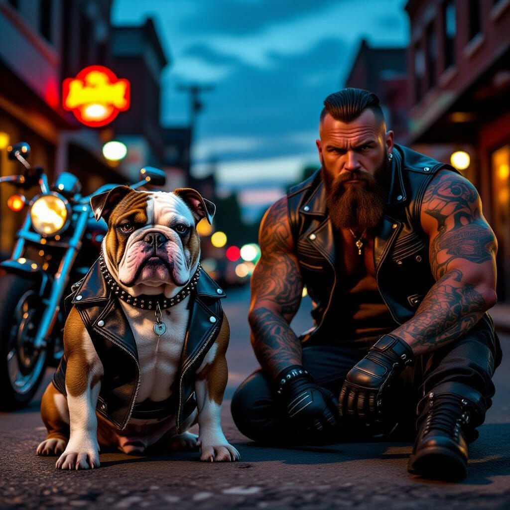 Tough Bulldog and Biker in Urban Dusk Scene