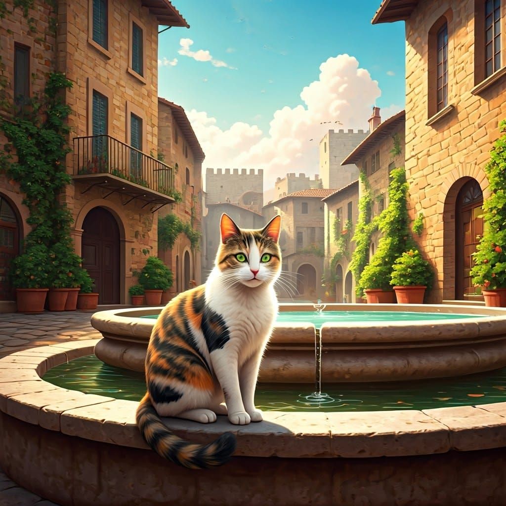 Calico Cat at Italian Fountain, Ghibli Style