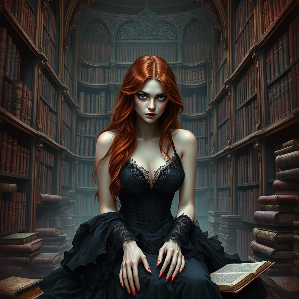 Melancholic Vampire Countess in Gothic Library