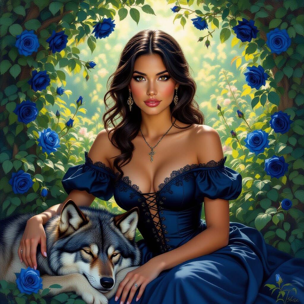 Beauty and Wolf Rest in Enchanted Blue Rose Garden