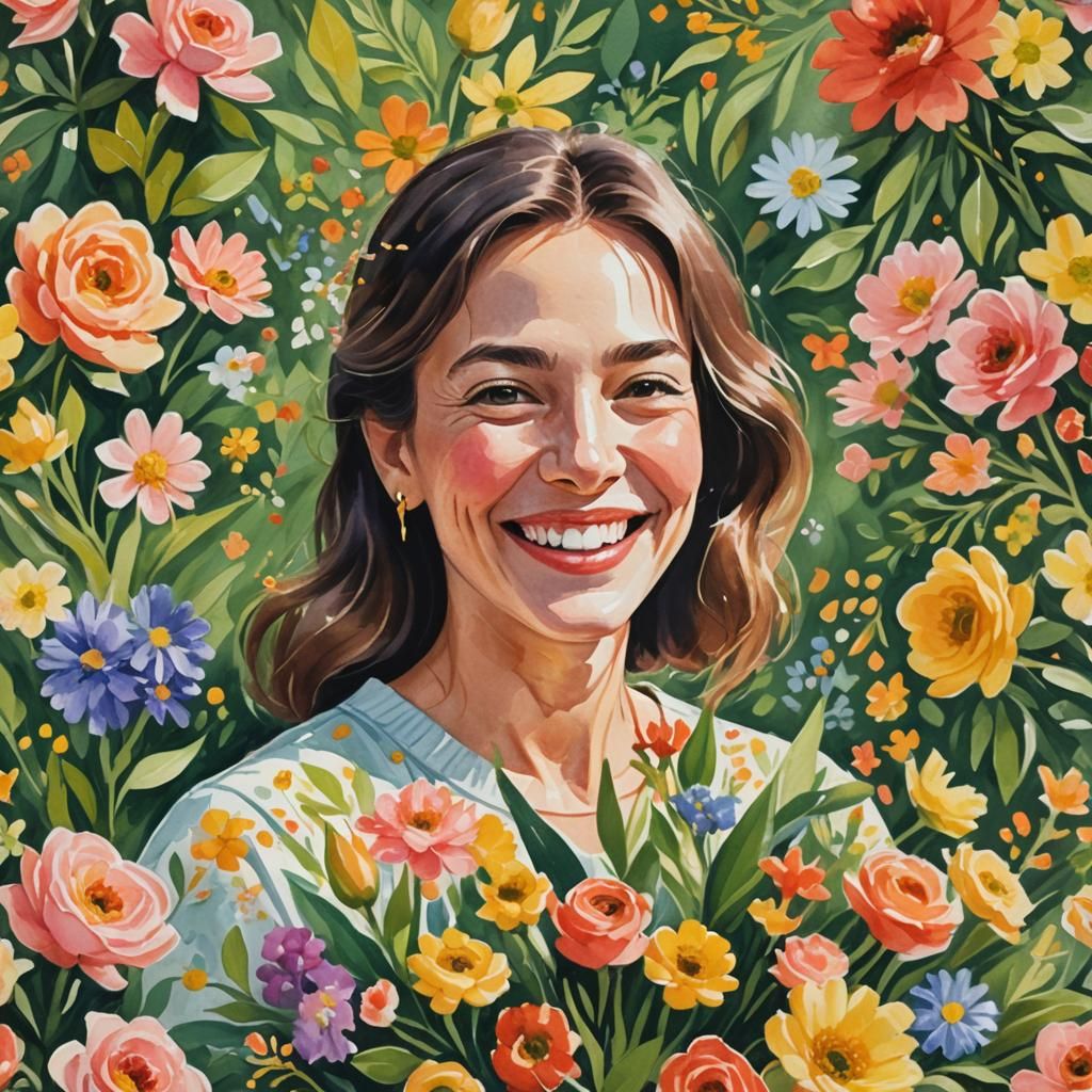 Smiling Woman Portrait in Gouache Style