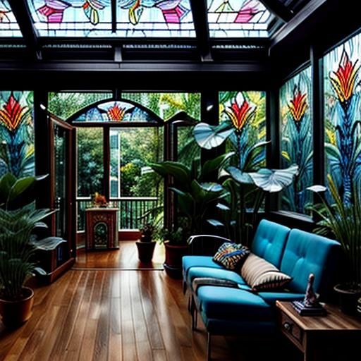 Futuristic Stained Glass Sunroom in 8k Macro