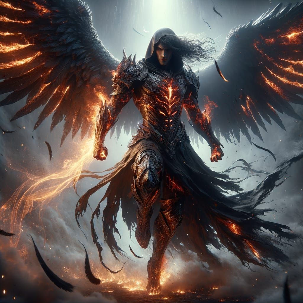 Fallen Angel Warrior With Fiery Wings and Molten Armor