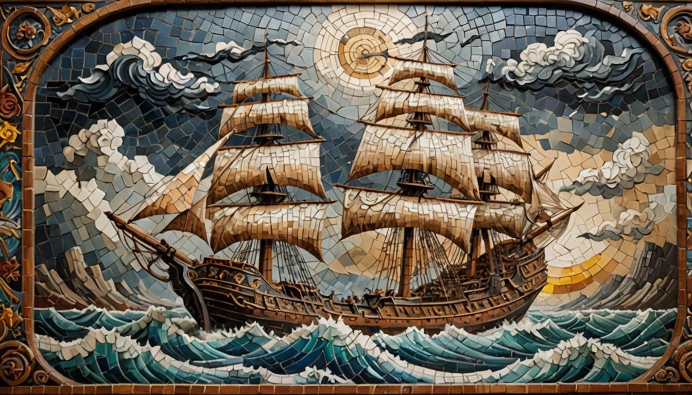 ancient ship in the storm, a masterpiece mosaic art, ceramic mosaic relief on the wall, museum masterpiece