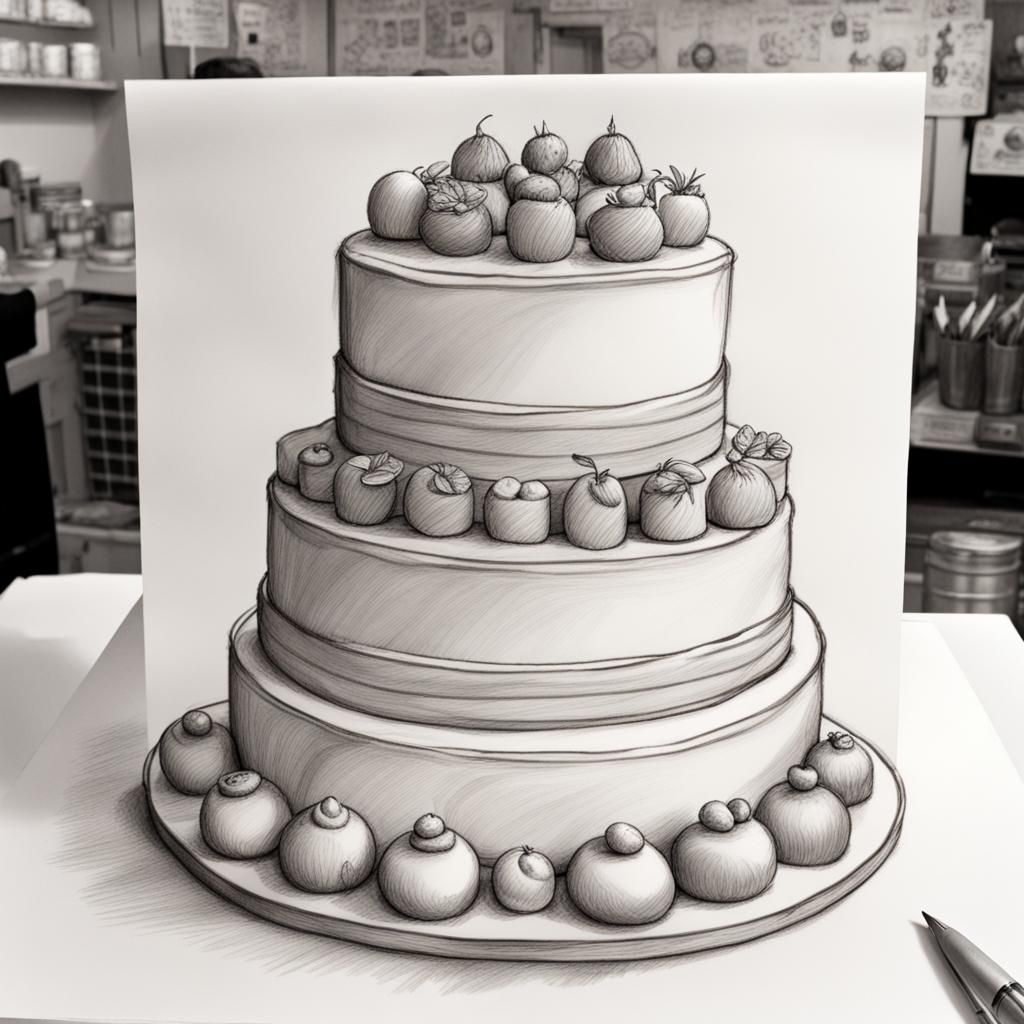 Pencil Sketch of Great British Bake Off Cake Display