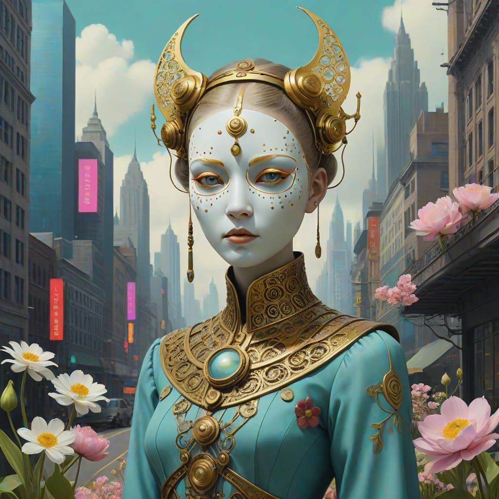 Cyberpunk High Priestess Amidst a Vibrant Cityscape