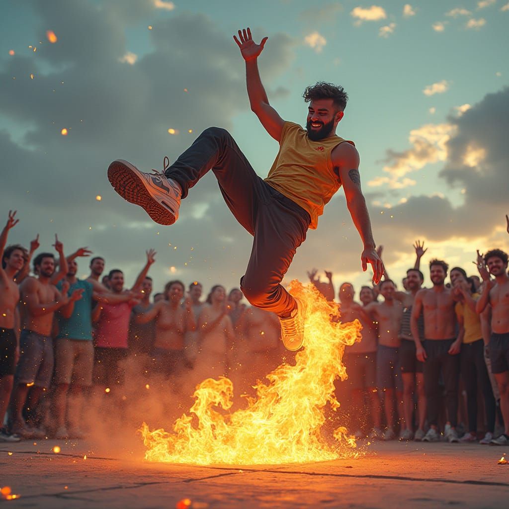 Man Mid-Flip with Blazing Feet Amidst Energetic Crowd