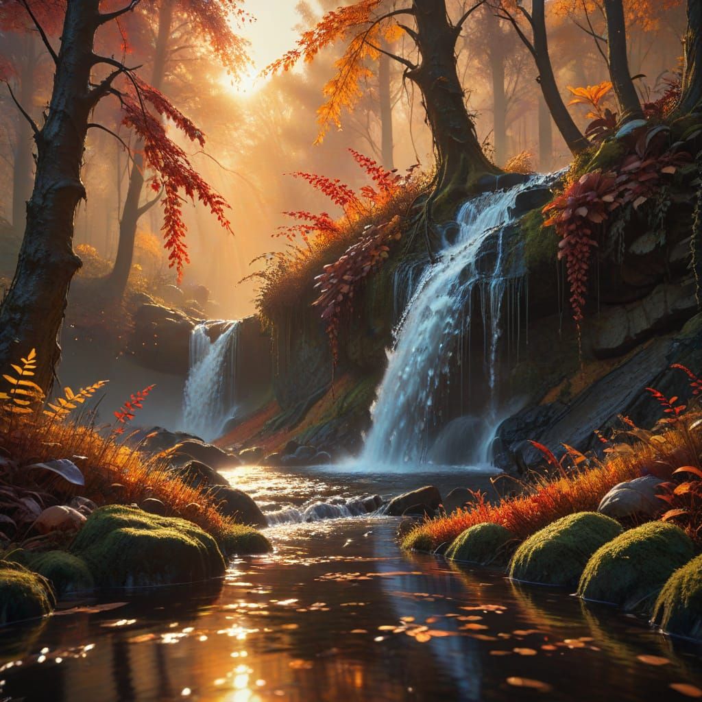 Vibrant Autumn Waterfall in Fiery Forest
