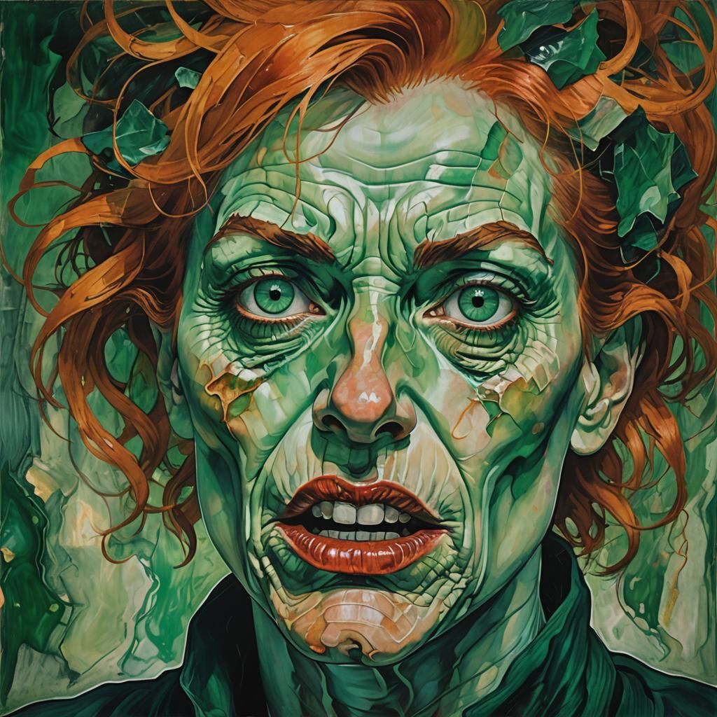 Wrathful Woman with Orange Hair in Surreal Style