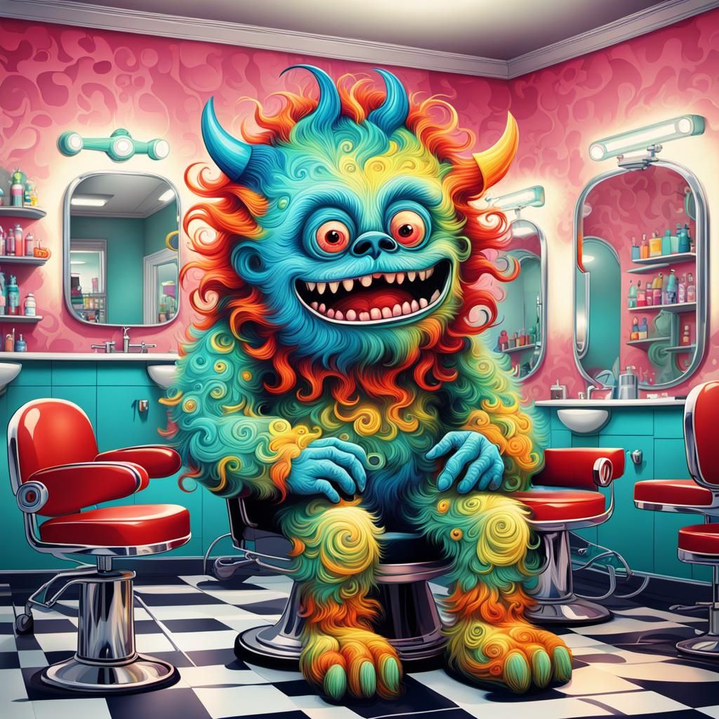 Cute Monster's 1950s Haircut: A Whimsical Illustration