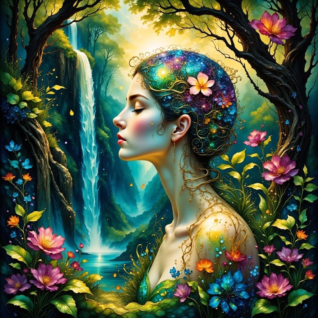 Surreal Figure Embraced by Nature's Vibrant Splendor