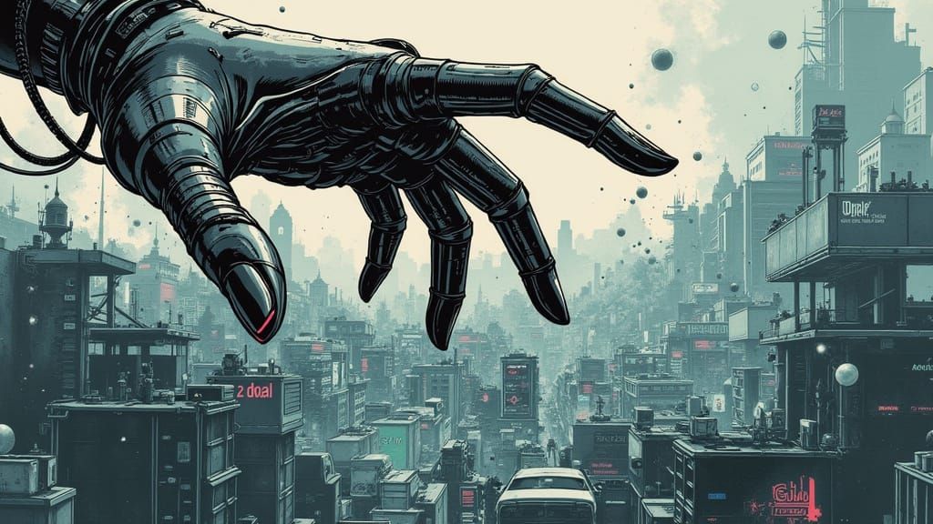 Cyborg Goddess of Human Emotions in a Pixelated Landscape