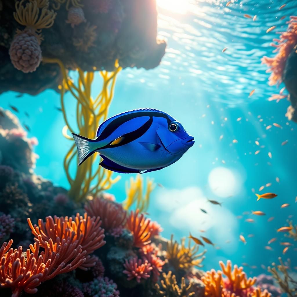 Vibrant Blue Tang Fish in Colorful Coral Reef