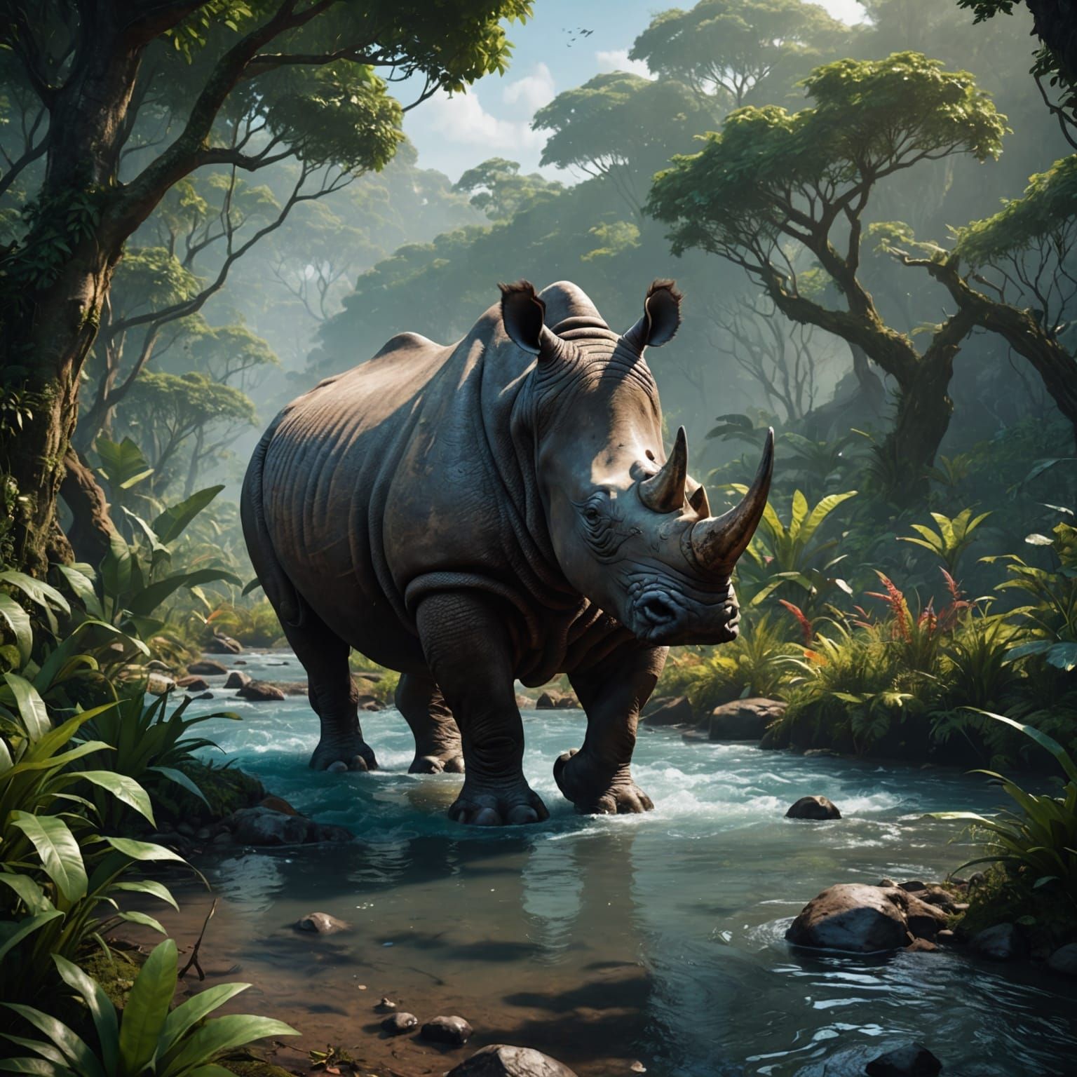 Rhinoceros in Jungle Stream Matte Painting