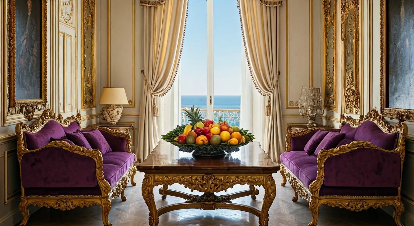 Elegant Royal Palace Living Room with Opulent Sofas and Brea...