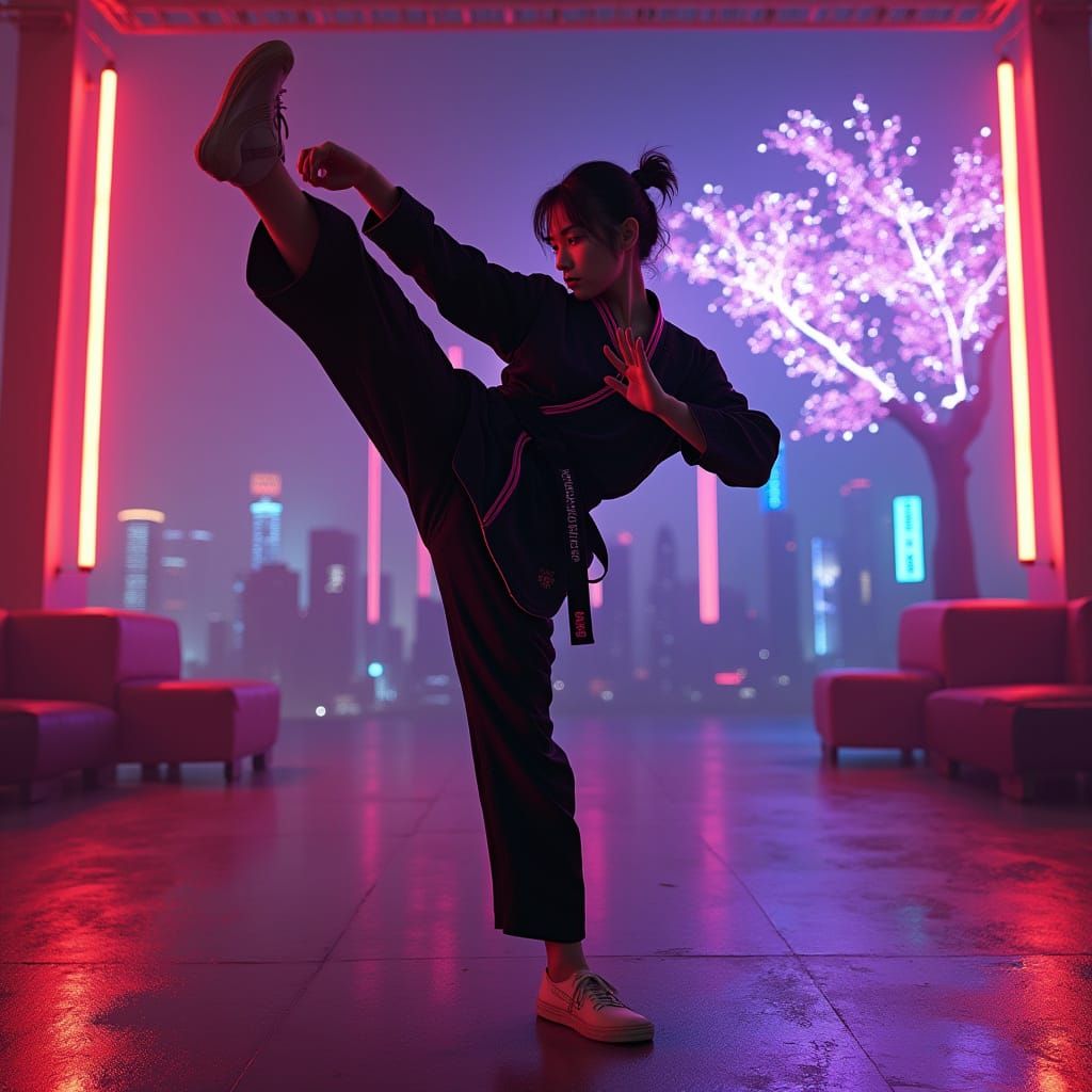 Karate Master Mid-Kick in Neon Cyberpunk Dojo