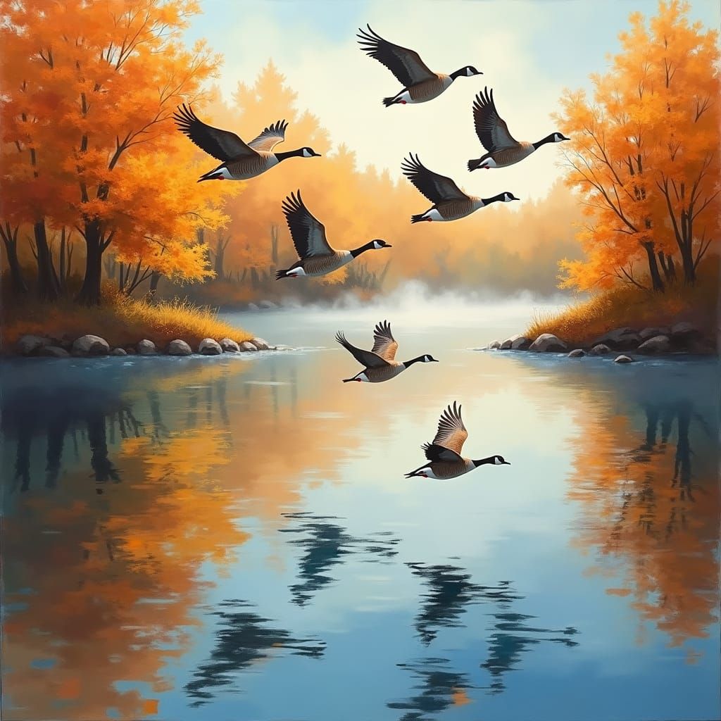 Geese Soaring Over Autumn Lake as Impasto Painting