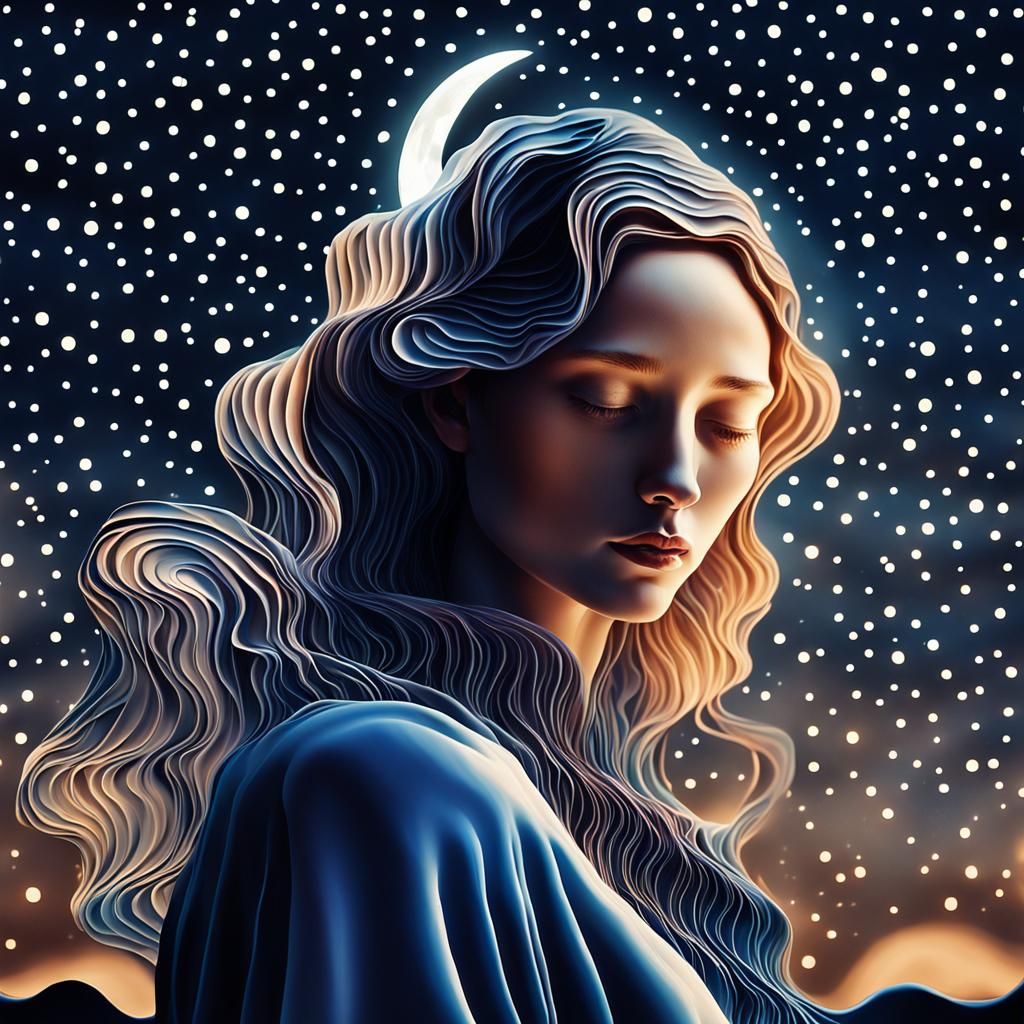 Surreal Moon Caressed by Hands in Infinite Space