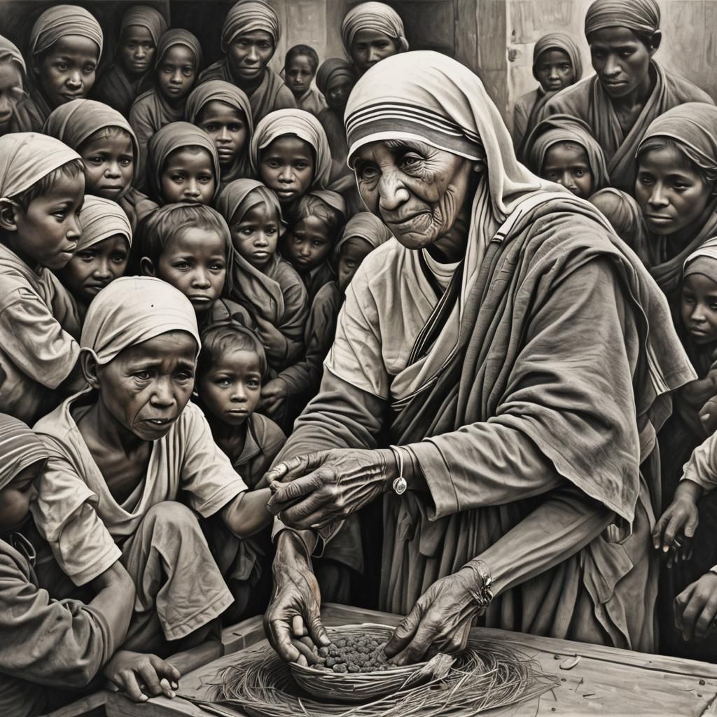 Mother Teresa Helping the Poor: Charcoal Drawing