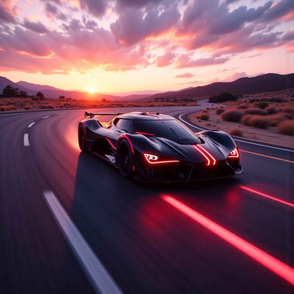 Futuristic Sports Car Speeds Down Winding Road at Dusk