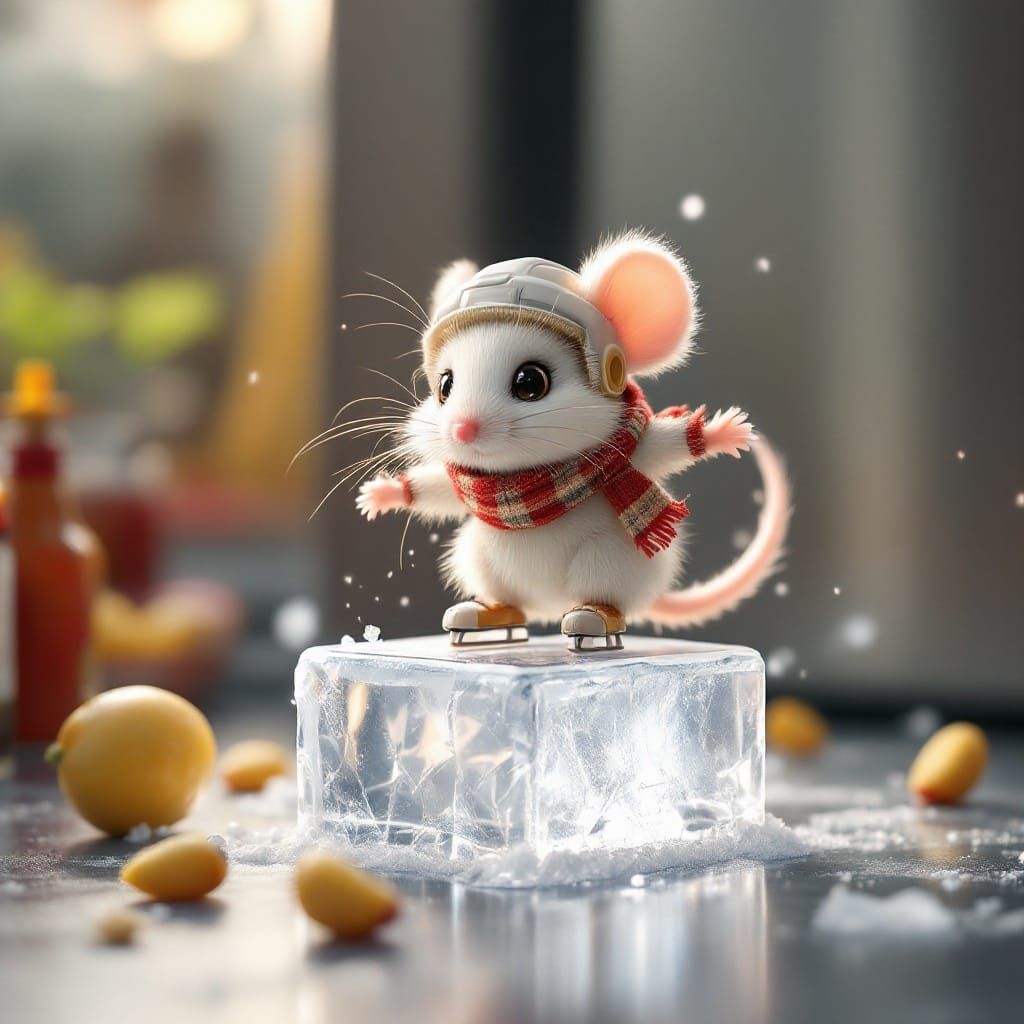 Mouse skates on an ice cube